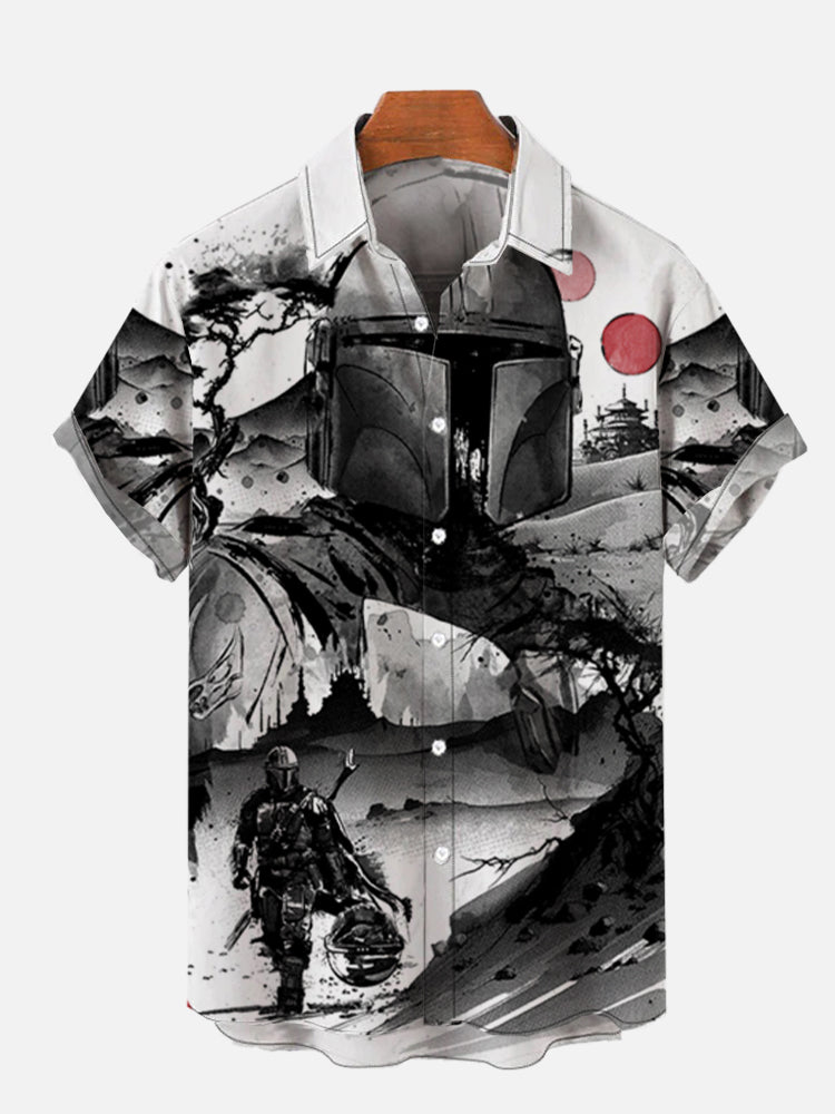 Ink painting ukiyo-e art space war ruins and masked samurai print short sleeve shirt PLUSCLOTHESMAN