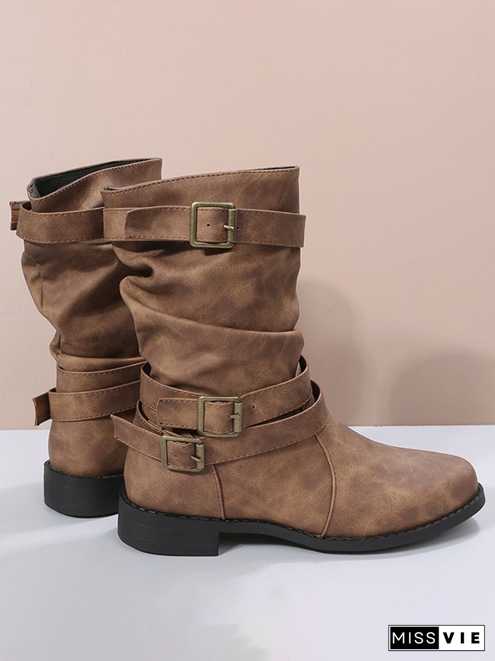 Ruched Buckle Casual Leather Booties