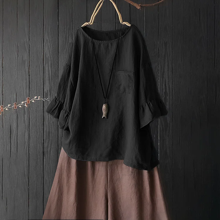 Solid Color Ruffled Cotton And Linen T-Shirt