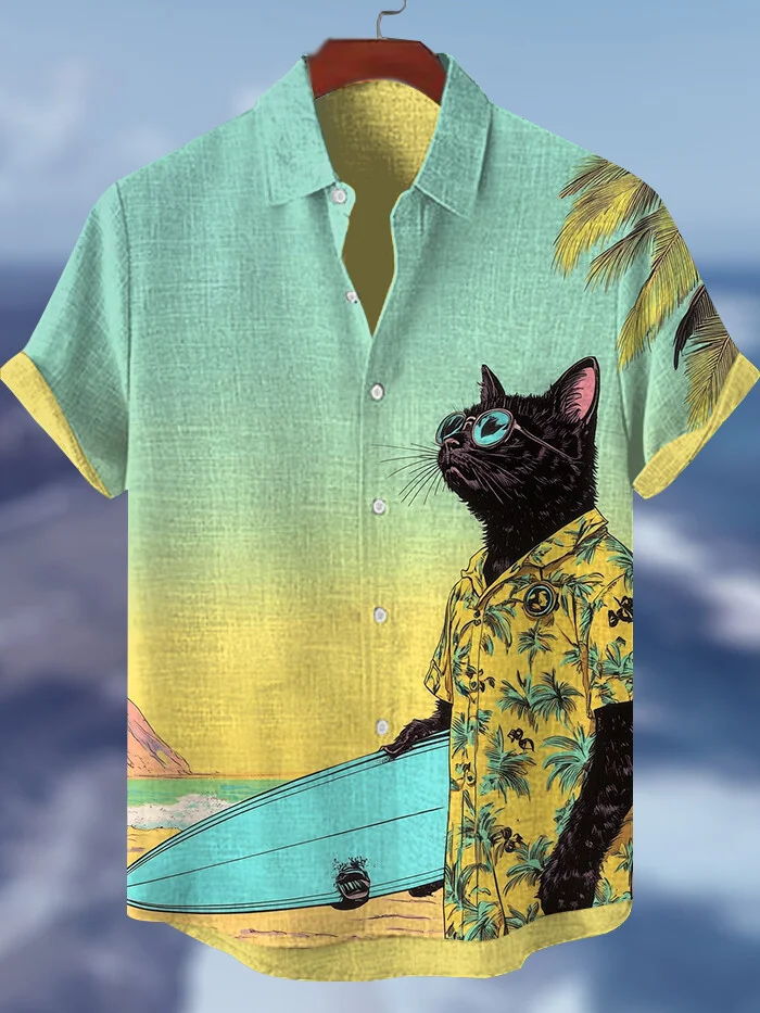 Men's Coolest Black Cat Surfing Art Print Vacation Short Sleeve Shirt