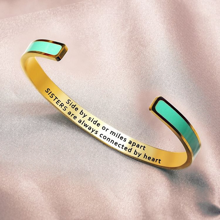 For Sisters - Side By Side Or Miles Apart,  Sisters Are Always Connected By Heart Cyan Bracelet