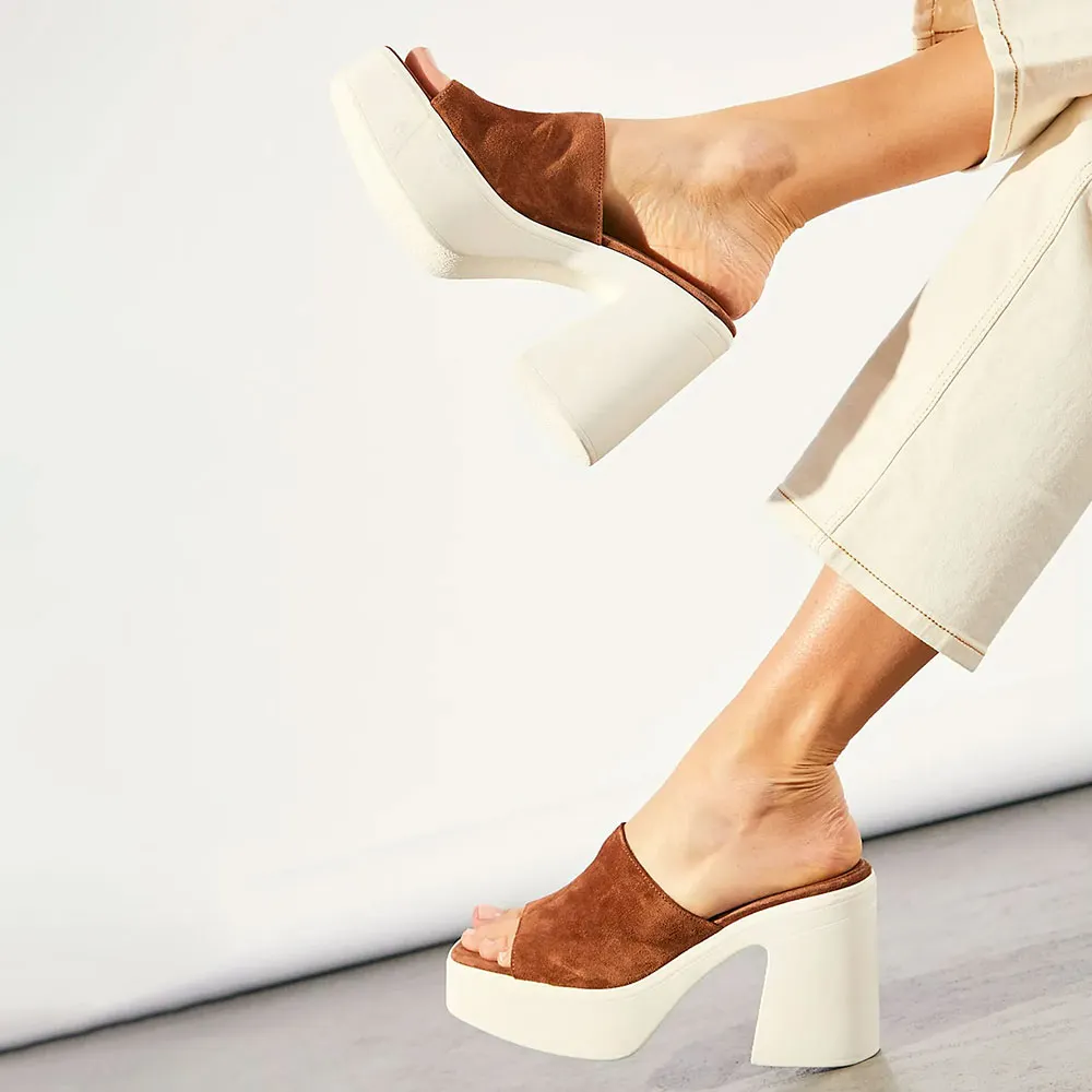 Tan Vegan Suede Wide Strap Platform High Heeled Women's Mules Shoes