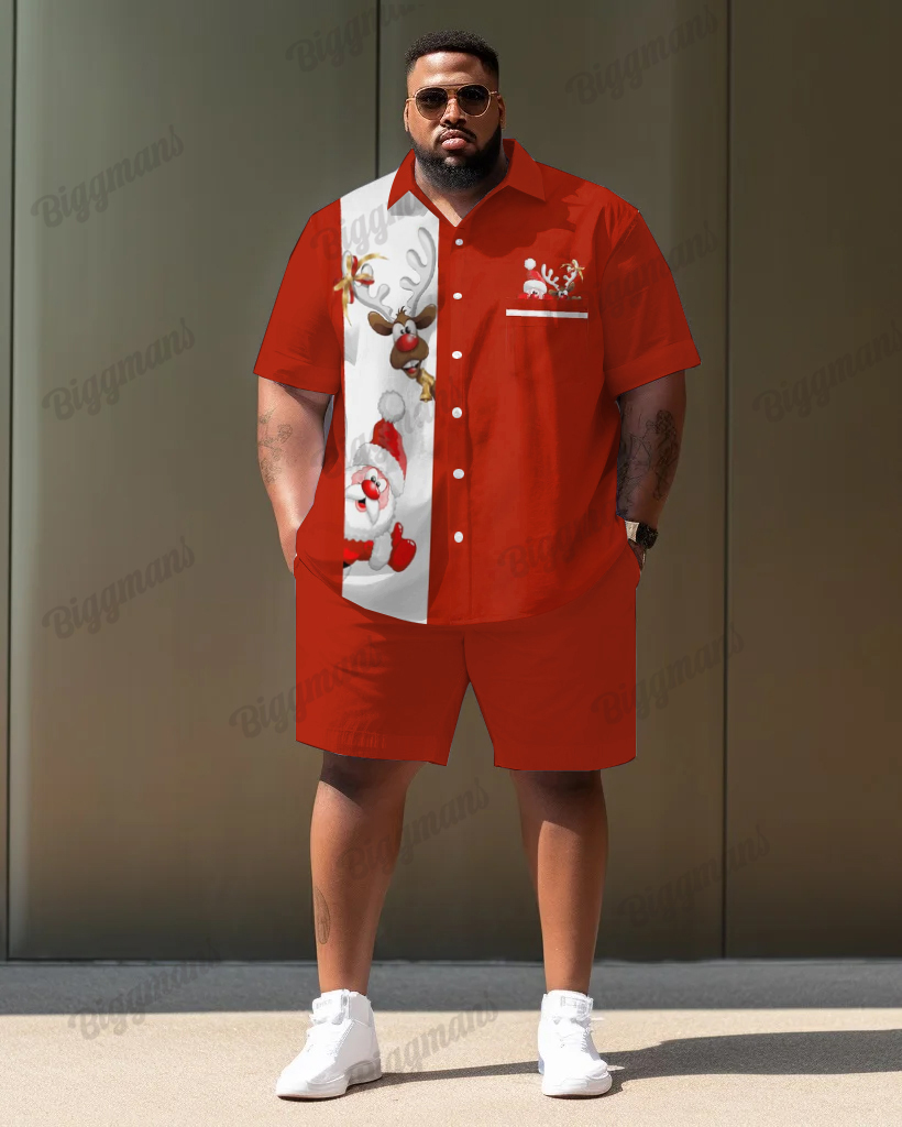 Men's Plus Size Santa Claus Reindeer Short Sleeve Shirt Shorts Suit