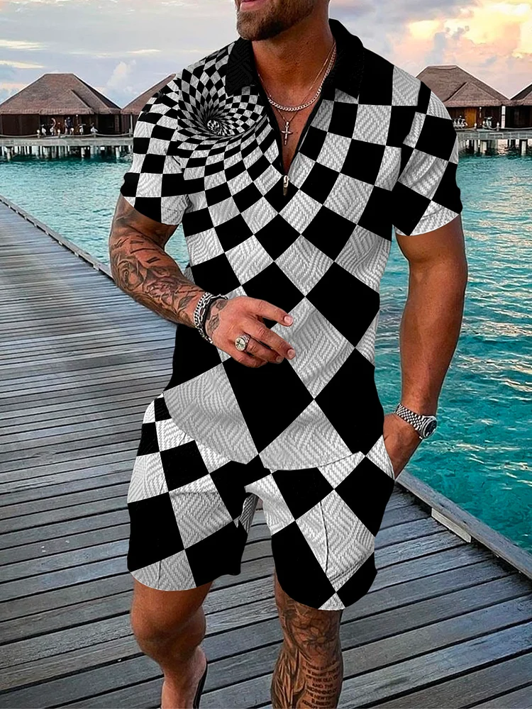 Men's Holiday Fashion 3D Geometric Printing Polo Suit