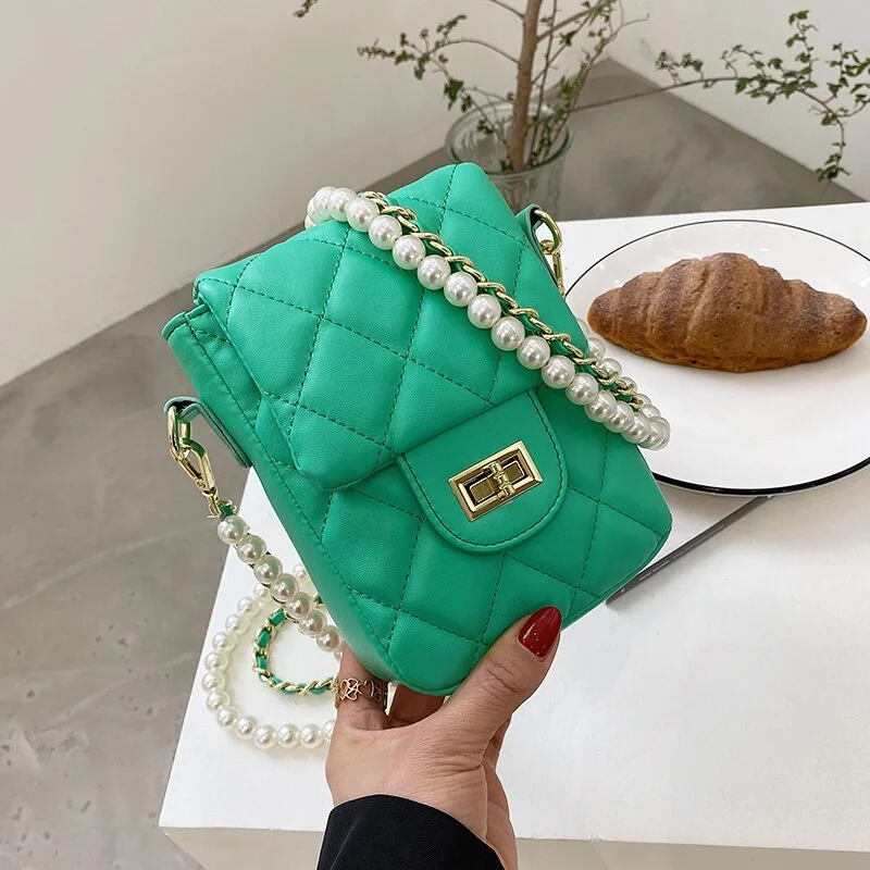էѧӧܧ Pearl Chain Design PU Leather Crossbody Bags For Women 2021 Summer Shoulder Handbags Purses Lady Party Purses