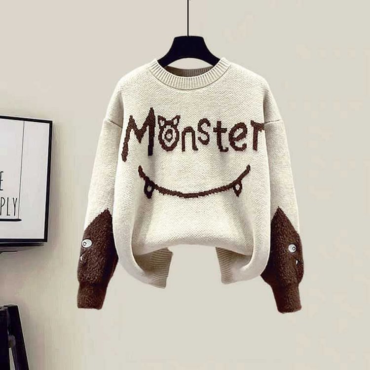 Monster Letter Print Sweater Fleece Vest Casual Pants Three Pieces Set - Modakawa modakawa