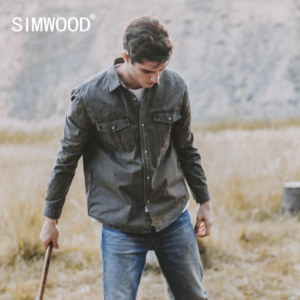SIMWOOD 2021 Autumn 100% Cotton Vintage Overshirt Men Garment Dyed Western Style Shirts Plus Size Cargo Military Clothes