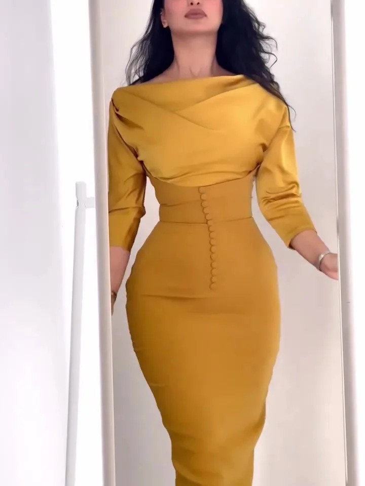 Yellow Cowl Neck Waisted Dress