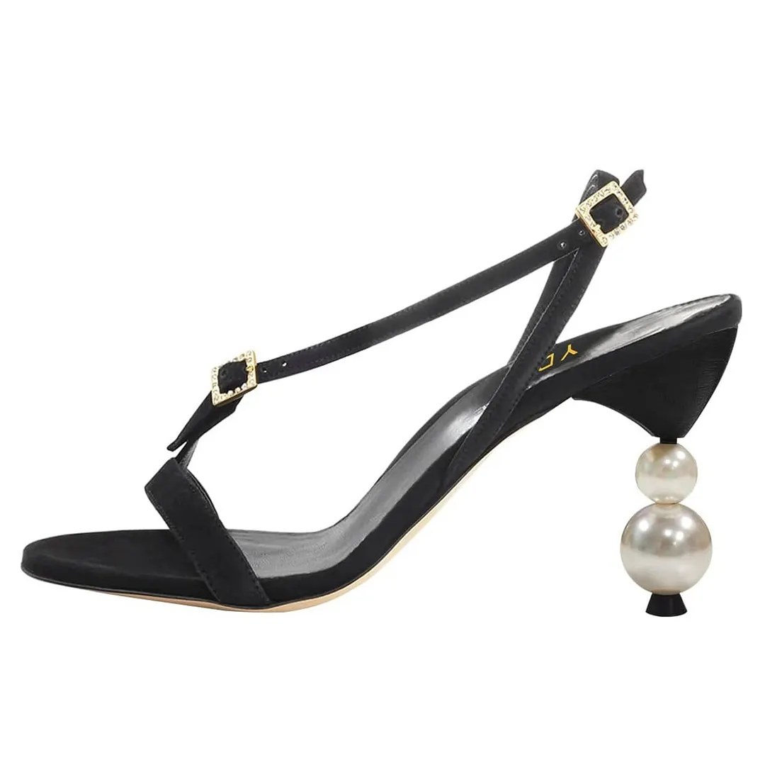 Black Open Toe Pearl Sculptural&nbsp;High Heel Strappy Sandals for Women