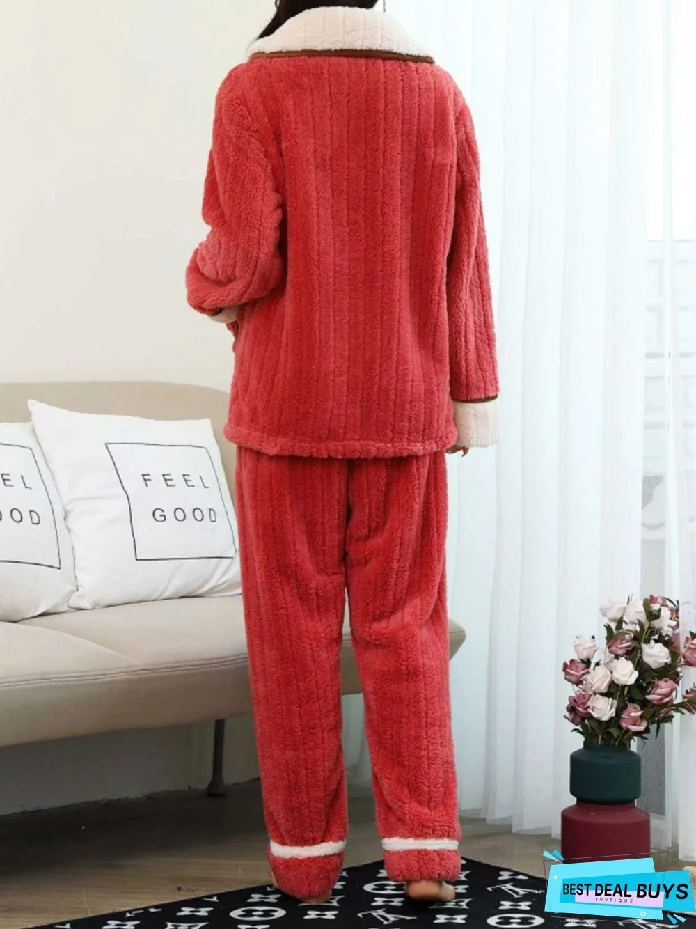 Colorblock Lapel Coral Fleece Home Warm Loose Plus Size Pajama Set