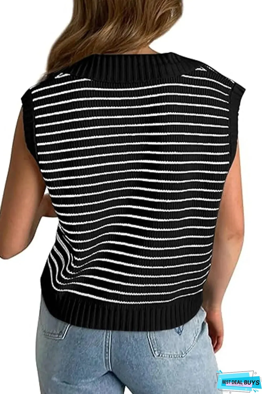 Black Stripe Turn-down V Neck Sweater Tank Top
