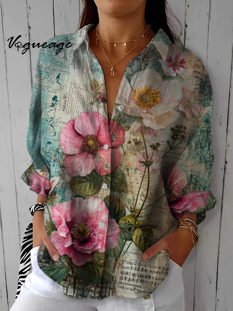 Gentle Generous And Elegant Flowers Printed Cotton And Linen Shirt