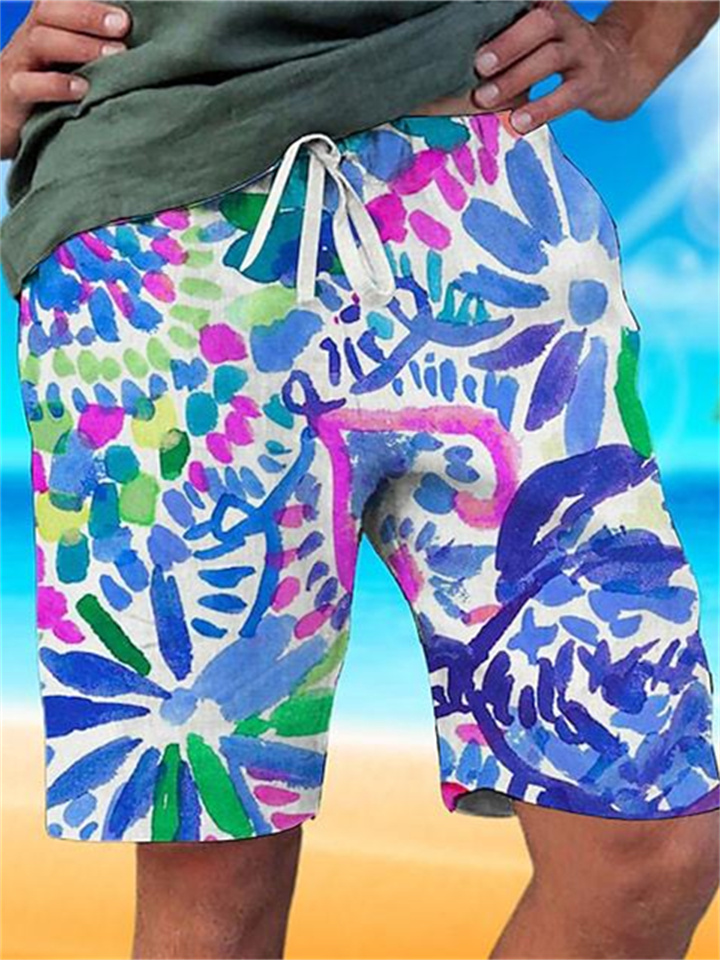 Men's Beach Drawstring Casual Shorts Graffiti Pattern 3D Printed Shorts Blue Green