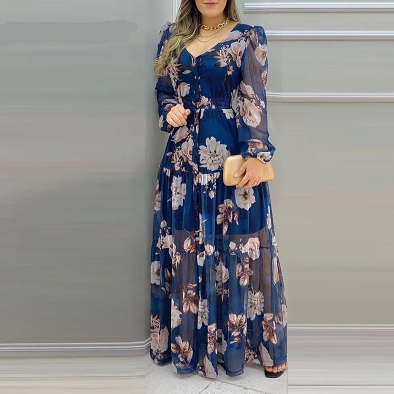 UForever21 Women Floral Print Lantern Sleeve V-Neck Chiffon Dress Maxi Dress Vacation Dress 2023