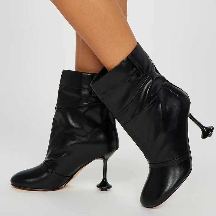 Black Round Toe Wide Ankle Boots Sculptural Heel Booties for Women |FSJ Shoes
