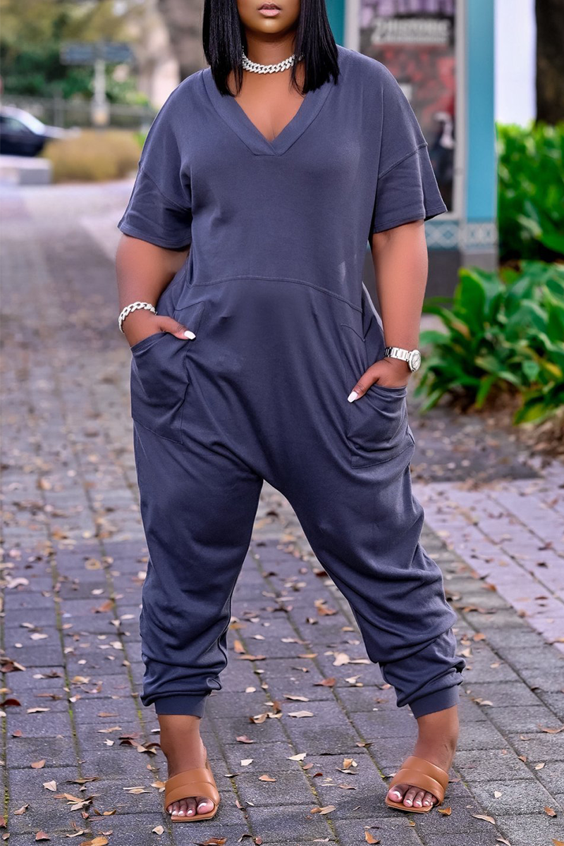 Casual Solid Split Joint V Neck Straight Jumpsuits