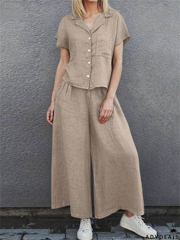 Women's Vintage Cotton Lapel Short Sleeve Shirt and Loose Pants