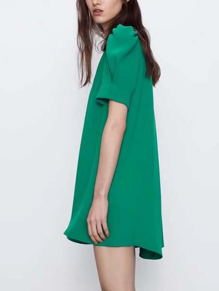 Fashionable V-neck Solid Color All-match Puffy Sleeve Dress