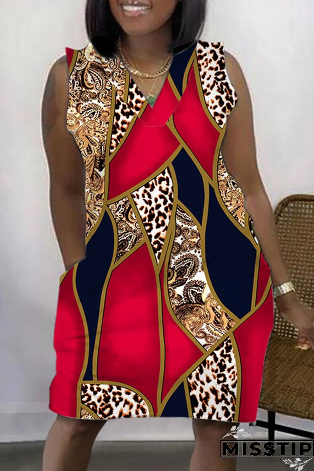 Purple Casual Print Patchwork V Neck Sleeveless Dress Dresses