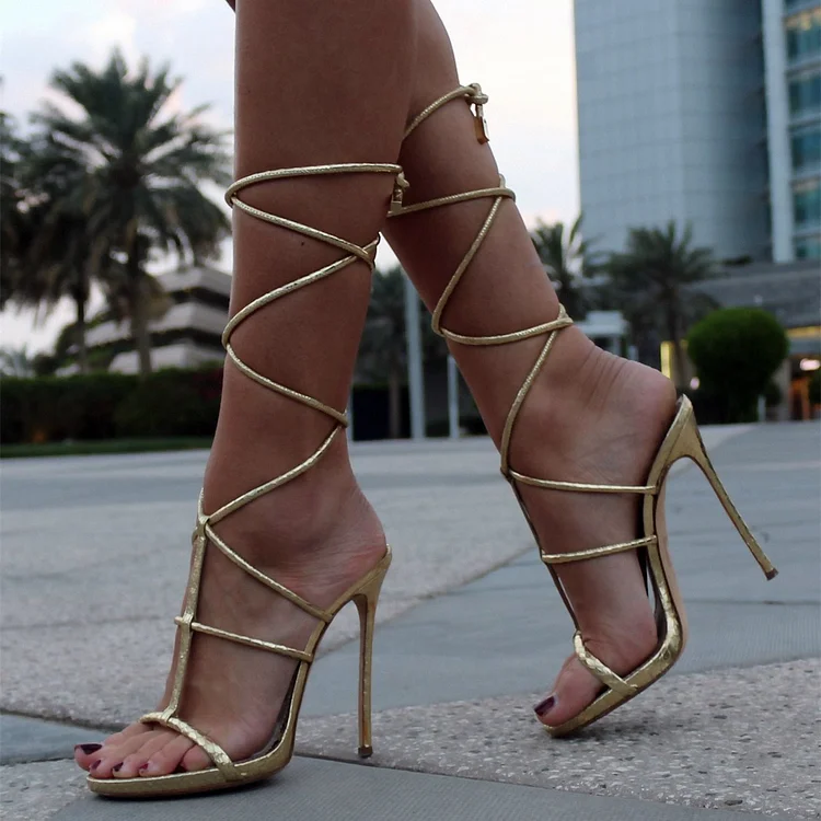 Gold Python Strappy Heels Stiletto Heel Sandals |FSJ Shoes