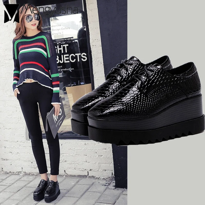 Celebrity Snake british thick bottom bullock shoes patent leather wedges platform espadrilles lace-up creeper square women shoes