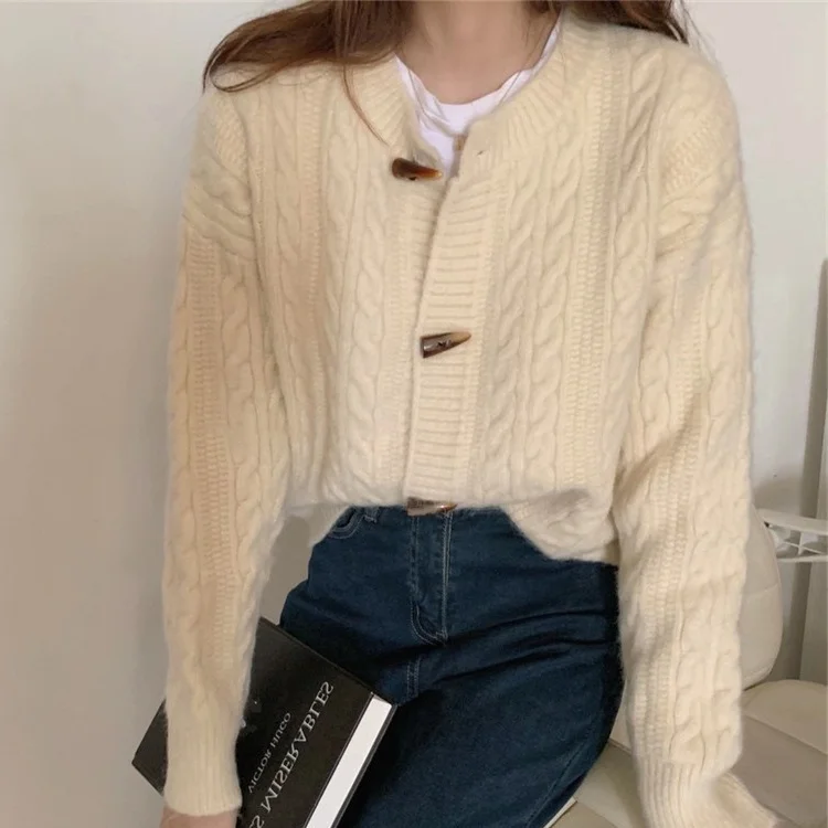 Ueong Ueong Spring And Autumn New Horn Button Cardigan Lazy Knit Short Coat Jacket Red Twist Sweater Woman