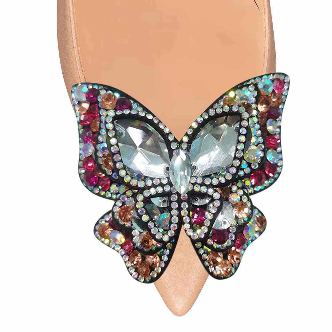 YDN Chunky Heel Jewelry Decor Pointed Toe Butterfly Nude Pumps