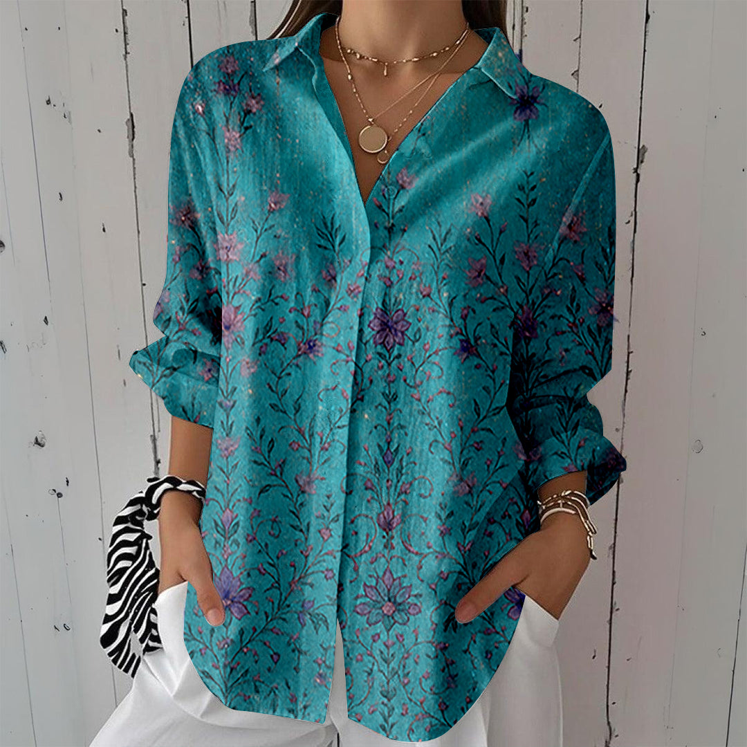 Women Long Sleeve V-neck Graphic Floral Printed Top