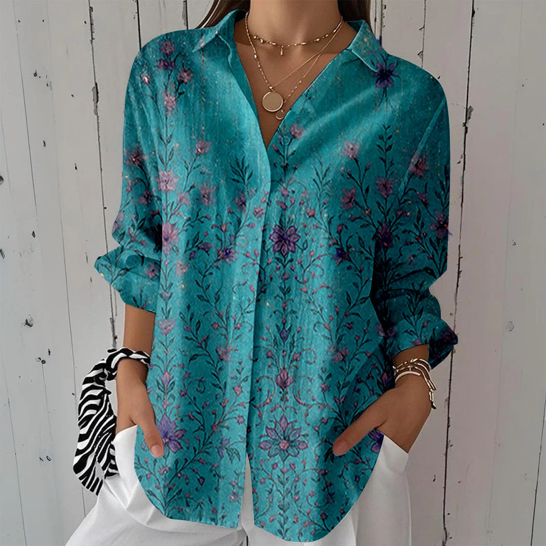 Style & Comfort for Mature Women Women Glitter,Floral,Blue DZCL0004 3/4 Sleeve Shirt Collar Printed Button Tops