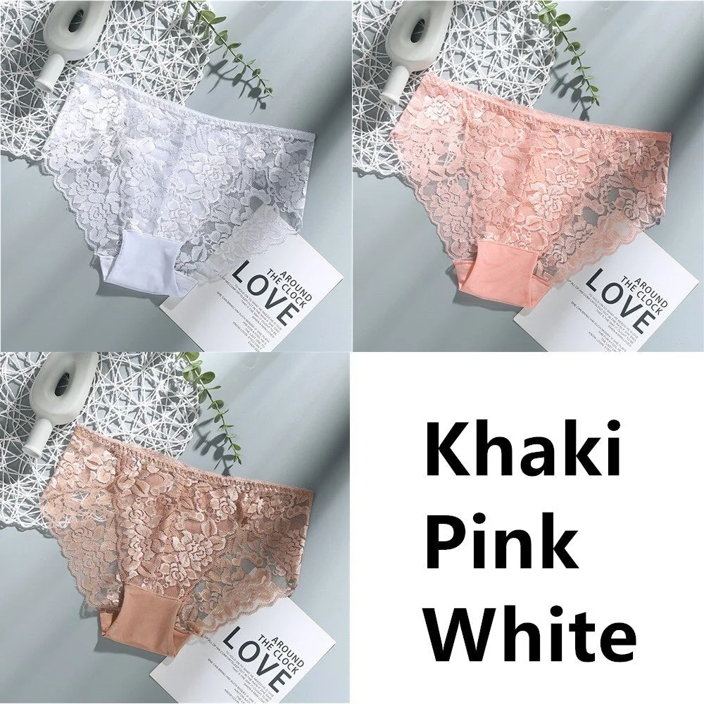 3Pcs Sexy Low Waist Women's Underwear Lace Plus Size Seamless Panties Breathable Lingerie Female Briefs Solid Hollow Underpants