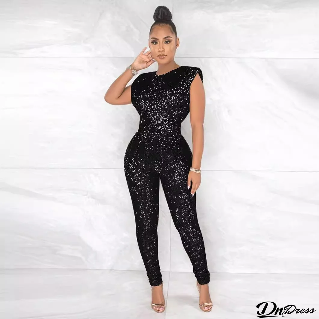 Sequins Round Neck Sleeveless Fashion Sexy Nightclub Jumpsuit