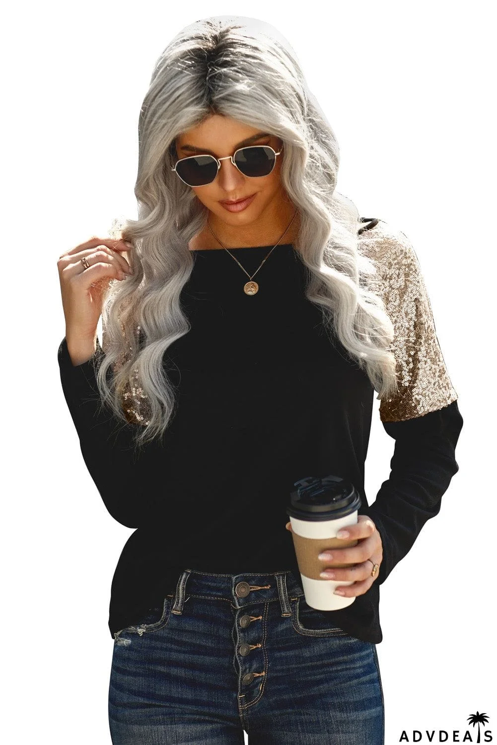 Sequin Shoulder Long Sleeve Top