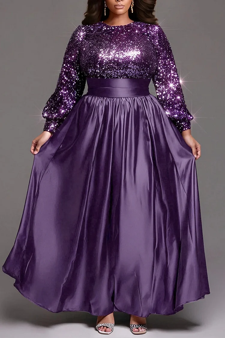 Xpluswear Design Plus Size Formal Purple Round Neck Long Sleeve Contrast Elegant Pocket Satin Sequin Maxi Dresses [Pre-Order]