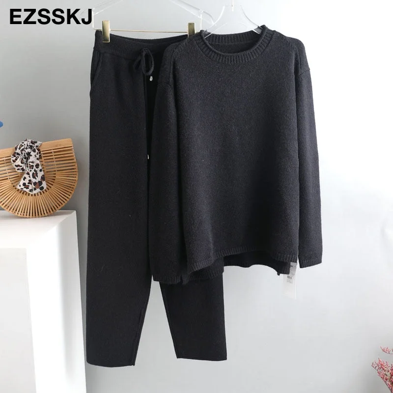 2 Pieces Set Women Knitted Tracksuit Turtleneck Sweater + Carrot Jogging Pants Pullover 2021  Sweater Set CHIC Knitted Outwear