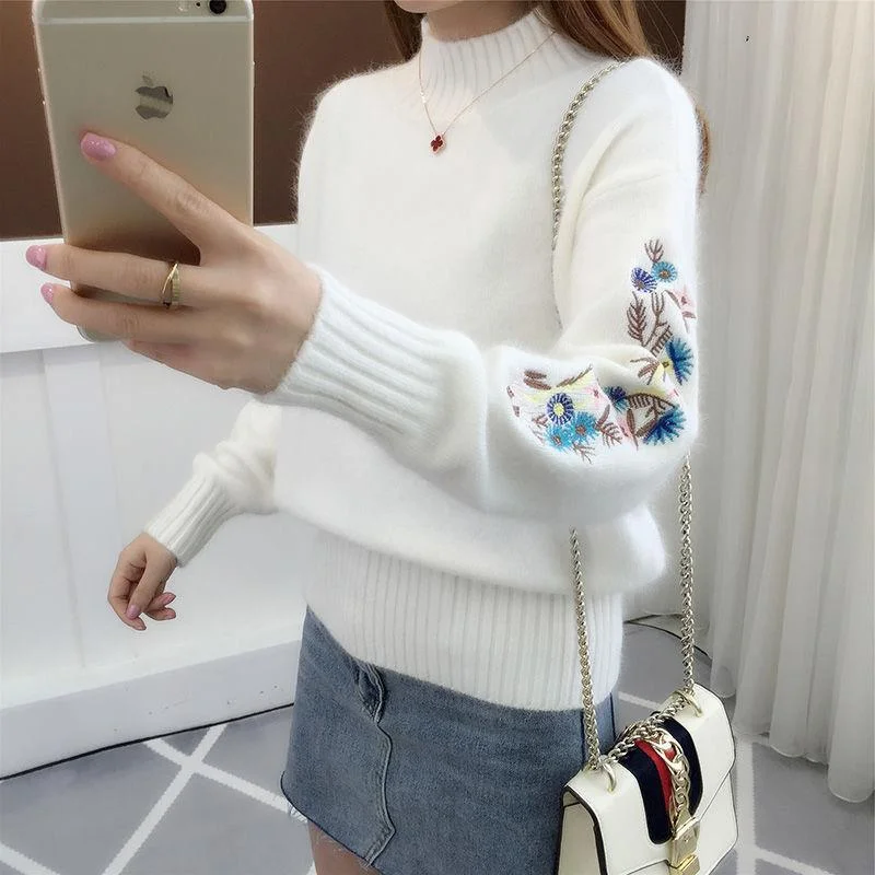 Ueong Neck Jumper Embroidered Sweater Women's 2023 Autumn New Korean Version Of Sleeves Embroidered With Long Sleeves With Loose Sweaters