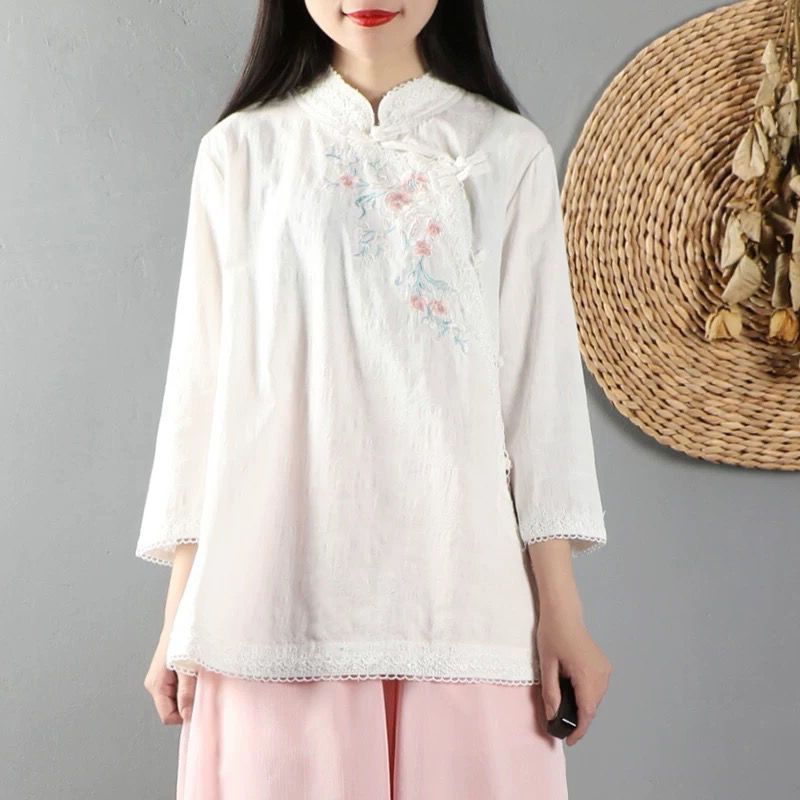 Women Oriental Embroidery Solid Color Casual Tops