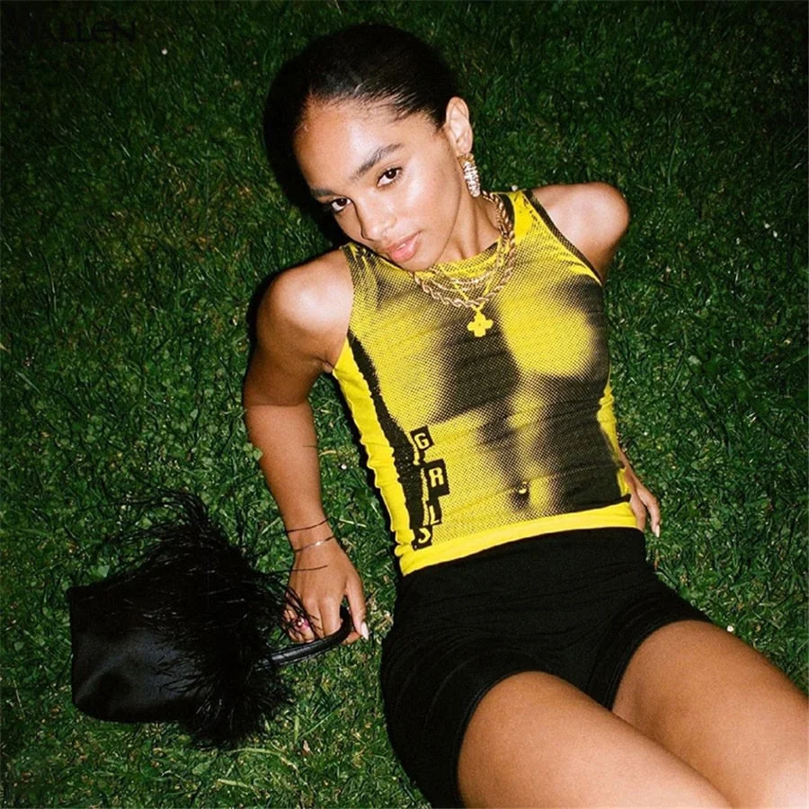 Yiallen Summer Fashion Print Personality Bright Color Sleeveless O-neck Tank Top Slim Design Women Street Shooting Vest Female