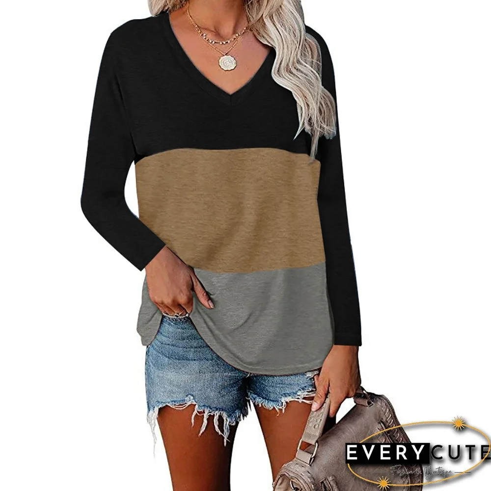 Khaki Color Block Cotton Blend Long Sleeve Tops