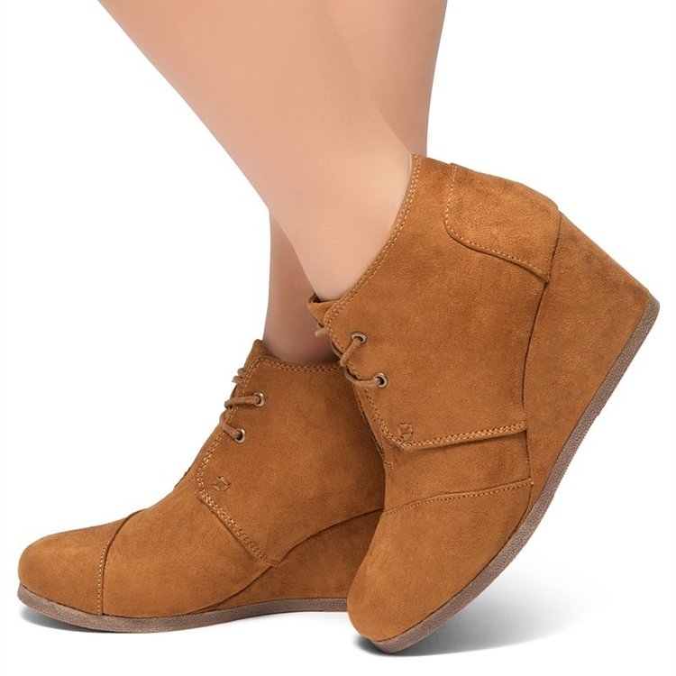 Tan Suede Lace Up Wedge Booties Ankle Boots|FSJshoes