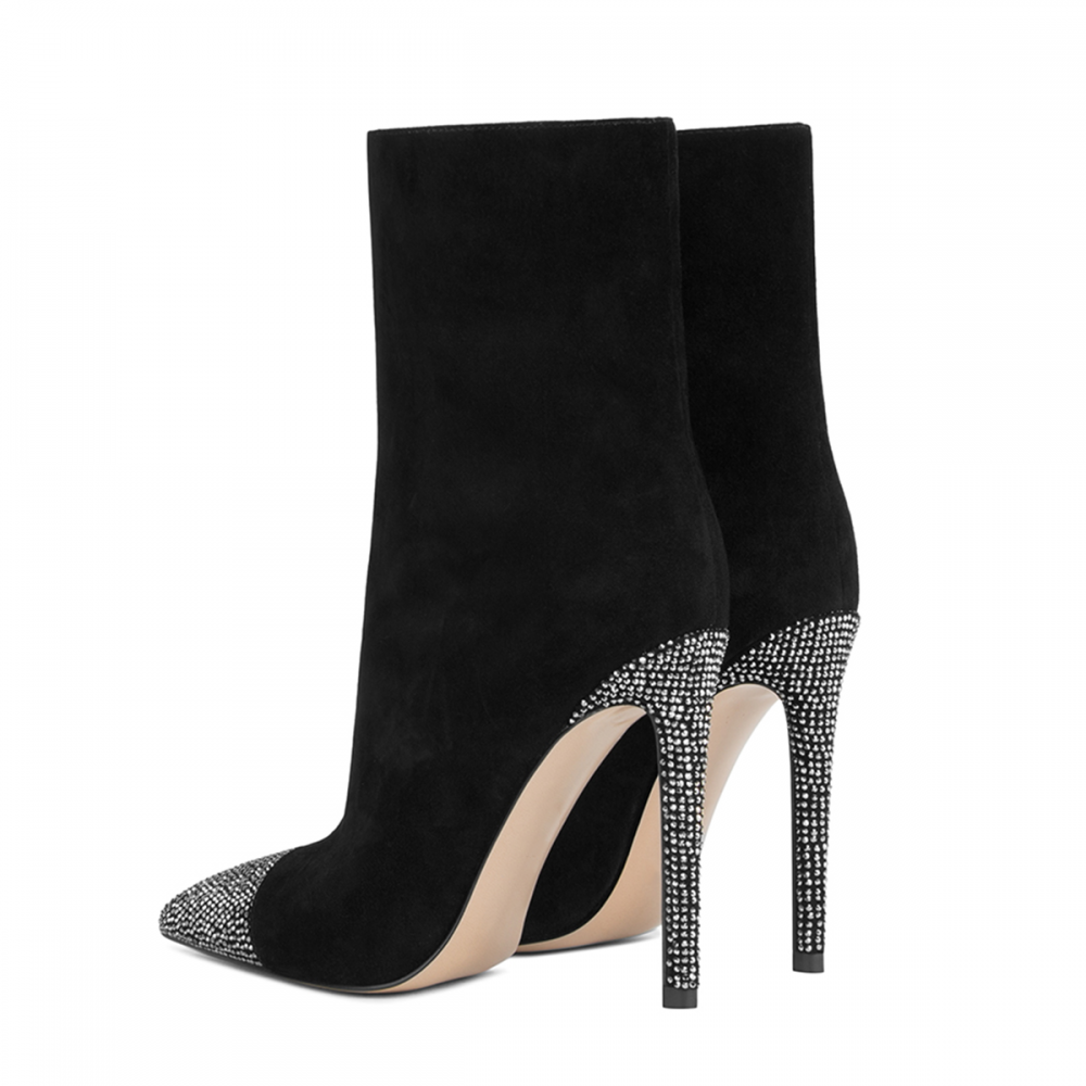 Fashion Office Heels Black Booties High Heel Rhinestone Boots Nicepairs