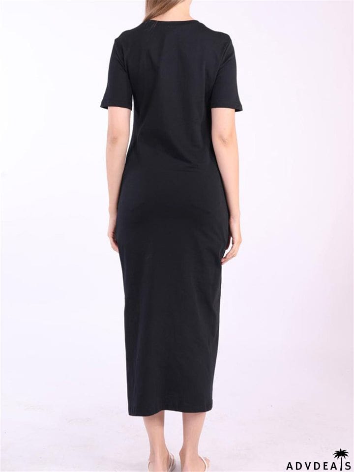 Women Cotton Black Short Sleeve Long Dress