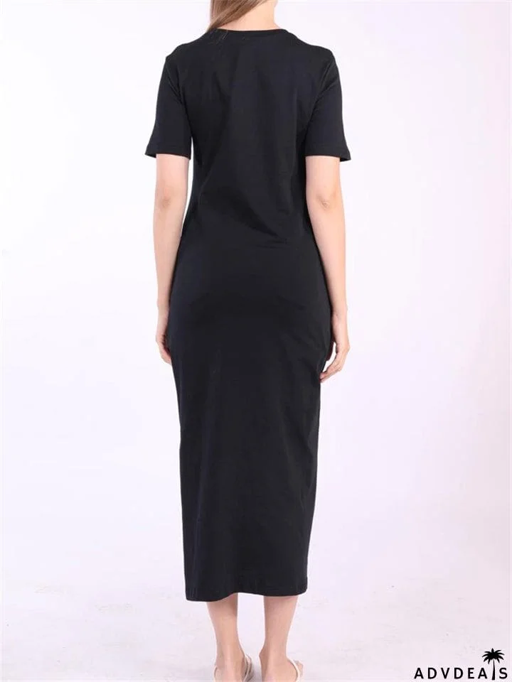 Women Cotton Black Short Sleeve Long Dress