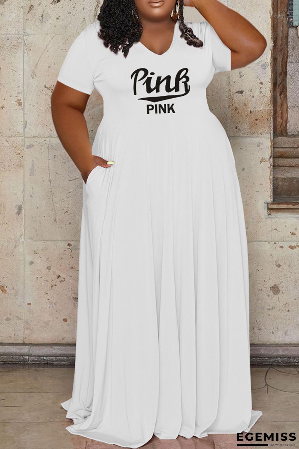 White Fashion Casual Plus Size Letter Print Patchwork V Neck Short Sleeve Dress | EGEMISS