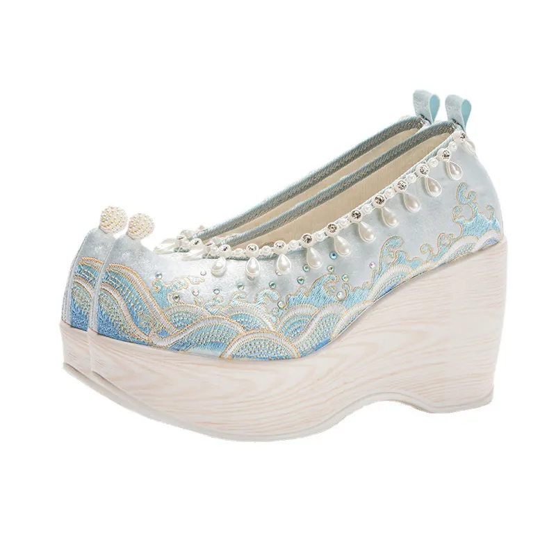 Vintage Embroidery Wave Print Pearl Platform High Heels Shoes