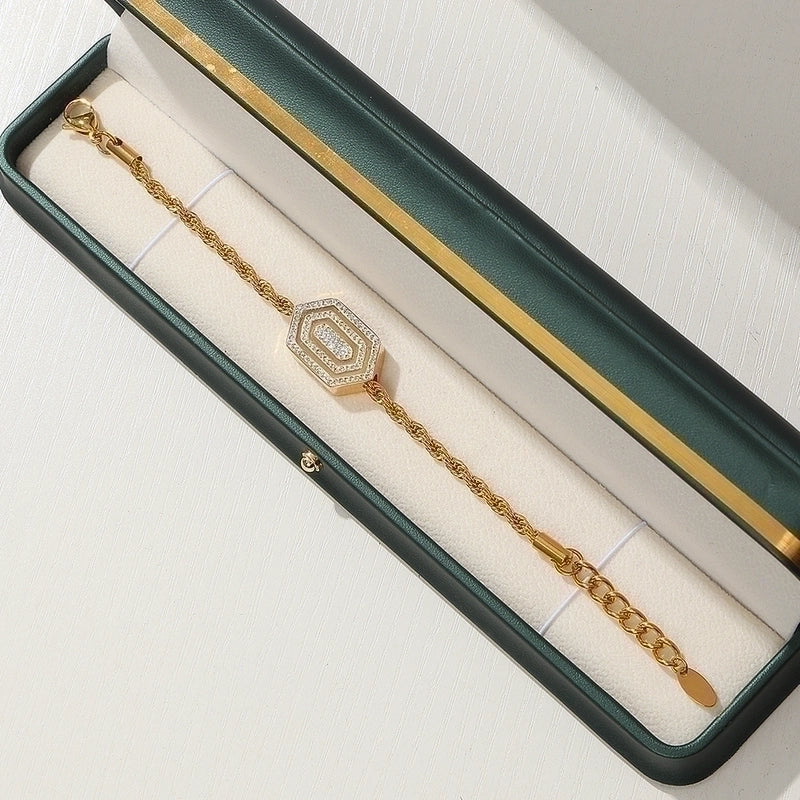Retro Minimalist Commute Hexagon Twist Titanium Steel Rhinestones 18K Gold Plated Chain Inlay Bracelets Necklace