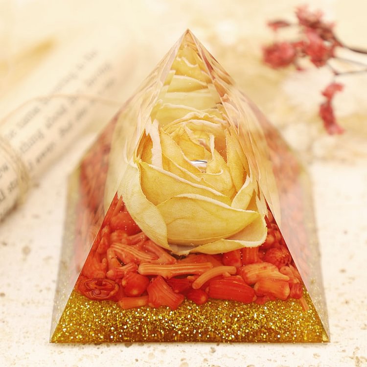 Hot Heart -  Yellow Rose With Red Coral Orgone Pyramid