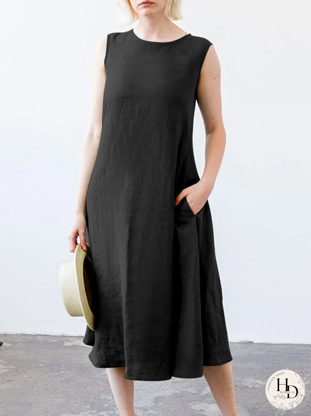 Solid Sleeveless Pocket Crew Neck Dress with Belt
