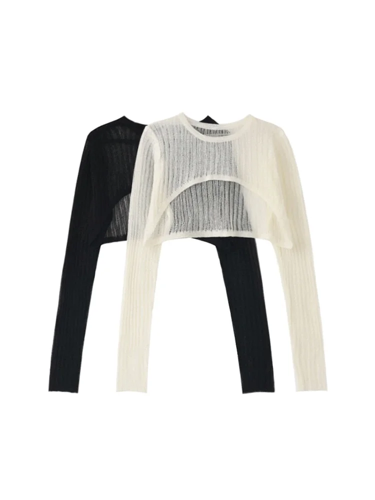 New Spring Autumn Stylish Korean Loose Casual Sexy Thin O-Neck Crop Tops long sleeve Blouse Knitted Pullovers Party Streetwear