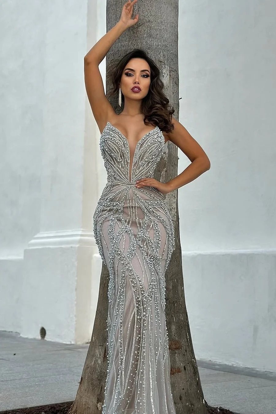 Daisda Silver Sleeveless Strapless Deep V-Neck Mermaid Prom Dress With Beads
