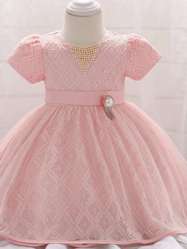 Oknass Ball Gown Short Sleeve Jewel Neck Flower Girl Dress Lace Tulle With Belt  Beading